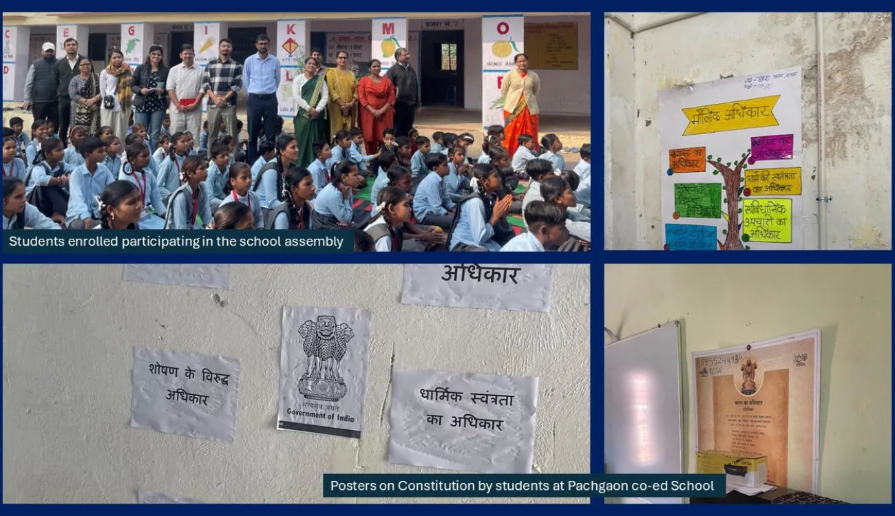 Collaged images of students enrolled participating in the school assembly, posters on Constitution by students at Pachgaon co-ed School