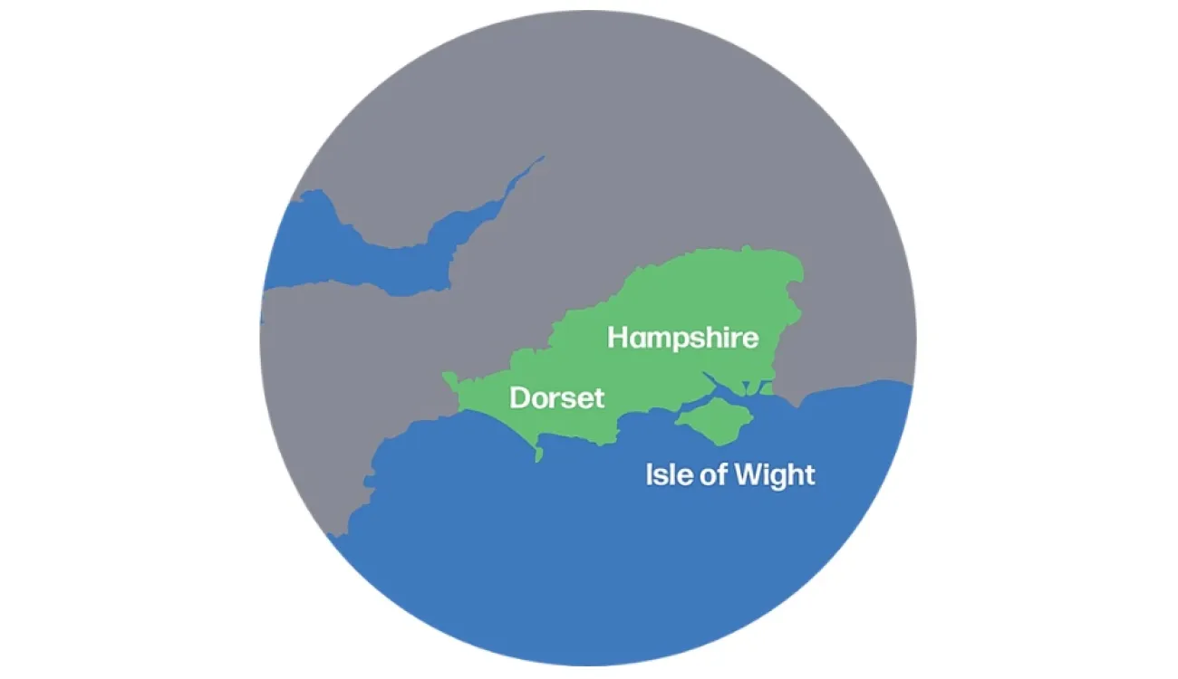 Geography of the regions Clean Air South focuses on, it includes Hampshire, Dorset and the Isle of Wight. These areas are highlighted in green with the rest of the landmass in grey. The water areas are blue.