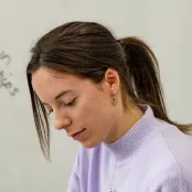 head and shoulders portrait image of Sian Appleyard looking downwards.