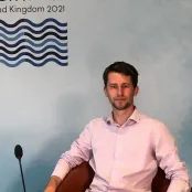 Head and shoulders portrait image of Jacob Brooks, BA History and French graduate, at the G7 Leaders’ Summit in Cornwall in 2021.