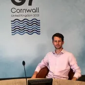 Head and shoulders portrait image of Jacob Brooks, BA History and French graduate, at the G7 Leaders’ Summit in Cornwall in 2021.