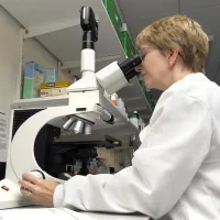 Person in lab coat using light microscope with digital camera attachment
