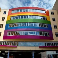 Outside of Southampton General Hospital, featuring a rainbow façade.