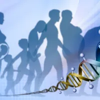 In the foreground a strand of DNA spirals into the distance diagonally across the bottom of the image. In the background the stages of a persons life, from unborn baby to old age, are depicted by overlapping silhouettes.