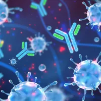 Stylized illustration of a microscopic view featuring virus particles and antibodies with a blue gradient background, creating an impression of a biological response.