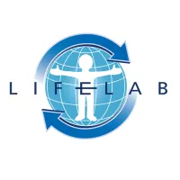 LifeLab logo, a white figure inside a blue globe with lines of longitude and latitude. There are two arrows in a darker blue circling the globe.