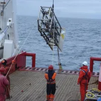 The DASI deep-towed electromagnetic transmitter system being deployed at sea