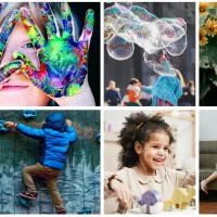 A collage of children enjoying various playful activities with paint, bubbles, sunflowers, climbing, toys, and hugs.