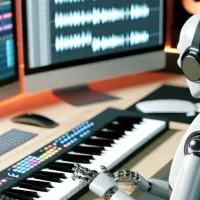 An AI-generated image of a humanoid robot sitting at a desk in a music studio. It is playing notes on a musical keyboard, as recording software displays the soundwaves being recorded on 2 computer monitors.