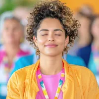 A person with curly hair and hoop earrings in a yellow jacket peacefully sitting with closed eyes.