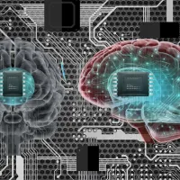 Two human brains with microchips imposed on a circuit board background.