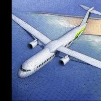 Computer-generated mesh model of an airplane over a coastal landscape.