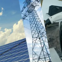 Image divided into three vertical sections, showing, left to right, solar panels, an electricity transmission tower and an electric vehicle charging.