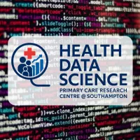 the Health datat science logo over a computer screen with code