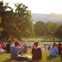 A large group of people sit on a grassy hillside in a park, facing a wide open lawn under warm, low sunlight. Trees frame the scene, and a distant cityscape is visible in the background.